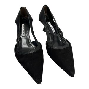 Manolo Blahnik Black Suede Pointed Toe Buckle Heels